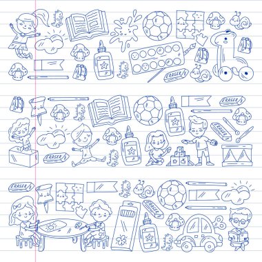 Küçük çocuklar ve oyuncaklarla anaokulu modeli. Yaratıcılık ve hayal gücü.