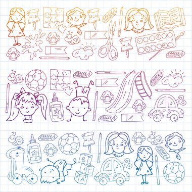 Küçük çocuklar ve oyuncaklarla anaokulu modeli. Yaratıcılık ve hayal gücü.