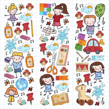 Kızlarda ve erkeklerde vektör deseni. Anaokulu ve oyuncaklar. Mutlu çocukluk ve imagitanion ile yaratıcılık.