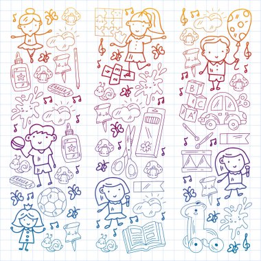 Kızlarda ve erkeklerde vektör deseni. Anaokulu ve oyuncaklar. Mutlu çocukluk ve imagitanion ile yaratıcılık.