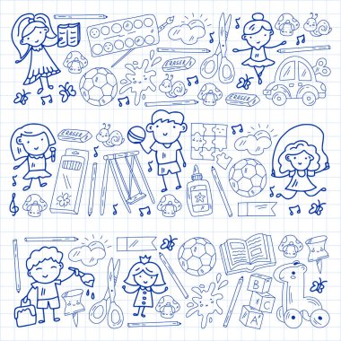 Kızlarda ve erkeklerde vektör deseni. Anaokulu ve oyuncaklar. Mutlu çocukluk ve imagitanion ile yaratıcılık.