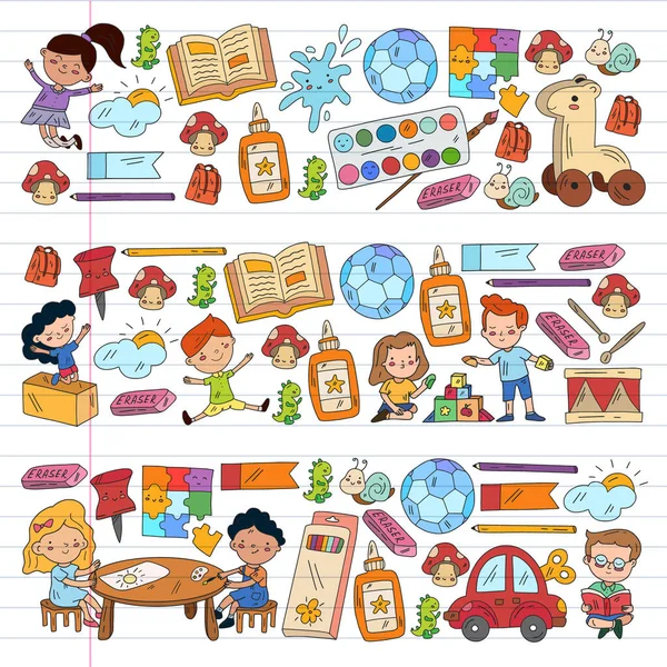 小さな子供やおもちゃで幼稚園のパターン。創造性と想像力. — ストックベクタ