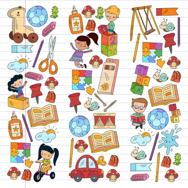 Kindergarten pattern with little children and toys. Creativity and imagination. — Stock Vector