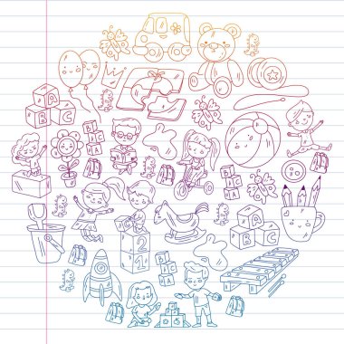 Çocuklar anaokulunda oyuncaklarla oynarlar. Çocuk parkı. Eğitim, yaratıcılık, hayal gücü.