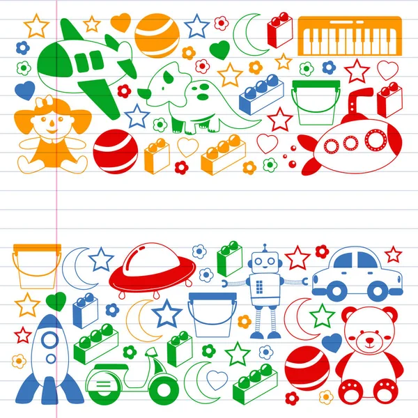 Patrón vectorial con la colección de juguetes. Muñeca, submarino, avión, nave. Niños y jardín de infantes ilustración. — Vector de stock