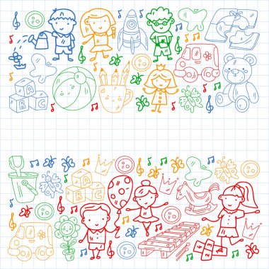 Vektör deseni. Anaokulu ve oyuncaklar. Küçük bir çocuk oyunu. Çocuk parkı. Eğitim, yaratıcılık, hayal gücü.