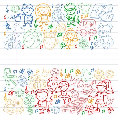 Vektör deseni. Anaokulu ve oyuncaklar. Küçük bir çocuk oyunu. Çocuk parkı. Eğitim, yaratıcılık, hayal gücü.