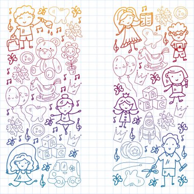 Vektör deseni. Anaokulu ve oyuncaklar. Küçük bir çocuk oyunu. Çocuk parkı. Eğitim, yaratıcılık, hayal gücü.