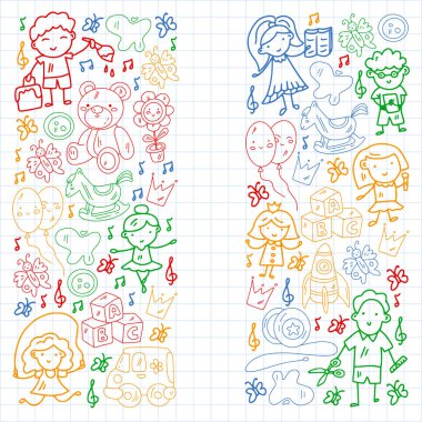 Vektör deseni. Anaokulu ve oyuncaklar. Küçük bir çocuk oyunu. Çocuk parkı. Eğitim, yaratıcılık, hayal gücü.