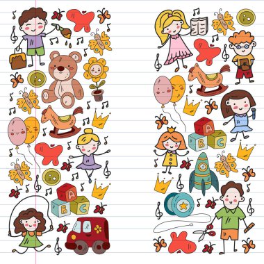 Vektör deseni. Anaokulu ve oyuncaklar. Küçük bir çocuk oyunu. Çocuk parkı. Eğitim, yaratıcılık, hayal gücü.