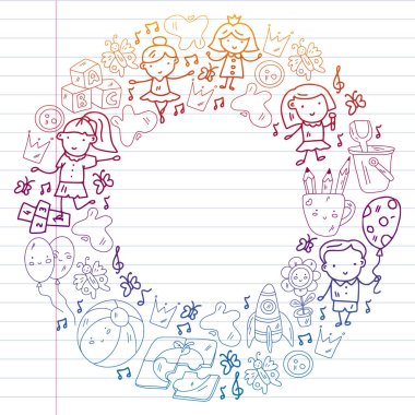 Vektör deseni. Anaokulu ve oyuncaklar. Küçük bir çocuk oyunu. Çocuk parkı. Eğitim, yaratıcılık, hayal gücü.