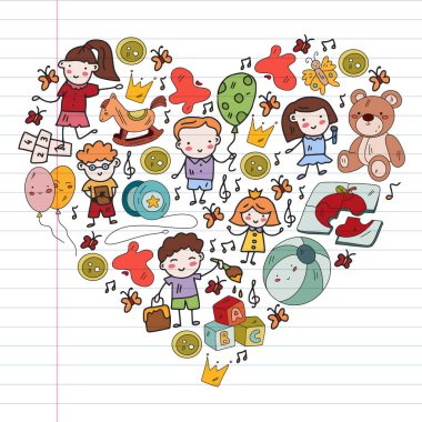 Vektör deseni. Anaokulu ve oyuncaklar. Küçük bir çocuk oyunu. Çocuk parkı. Eğitim, yaratıcılık, hayal gücü.