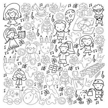 Vektör deseni. Anaokulu ve oyuncaklar. Küçük bir çocuk oyunu. Çocuk parkı. Eğitim, yaratıcılık, hayal gücü.