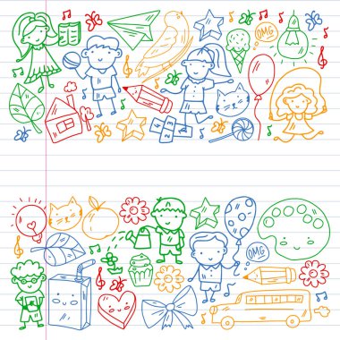 Okul eşyalarıyla vektör deseni. Çevrimiçi internet eğitimi, e-öğrenme.