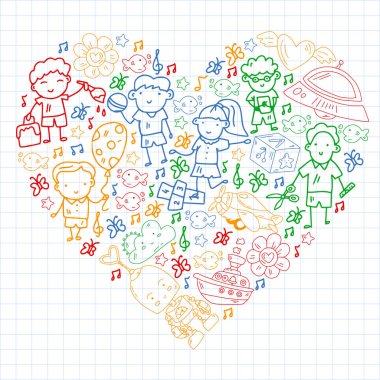 Çocuklar anaokulunda oyuncaklarla oynarlar. Çocuk parkı. Eğitim, yaratıcılık, hayal gücü.