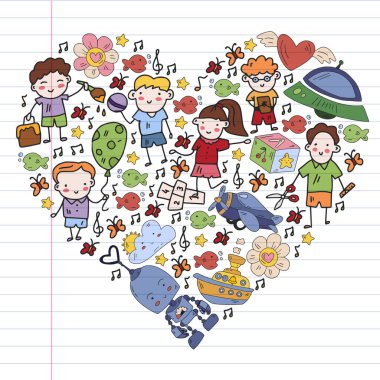 Çocuklar anaokulunda oyuncaklarla oynarlar. Çocuk parkı. Eğitim, yaratıcılık, hayal gücü.