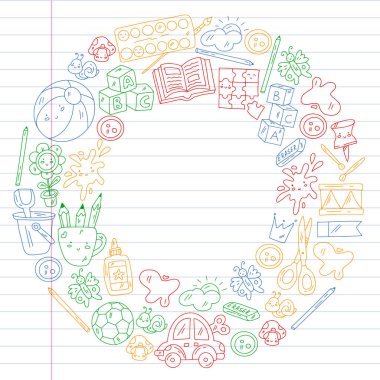 Çocuklar anaokulunda oyuncaklarla oynarlar. Çocuk parkı. Eğitim, yaratıcılık, hayal gücü.