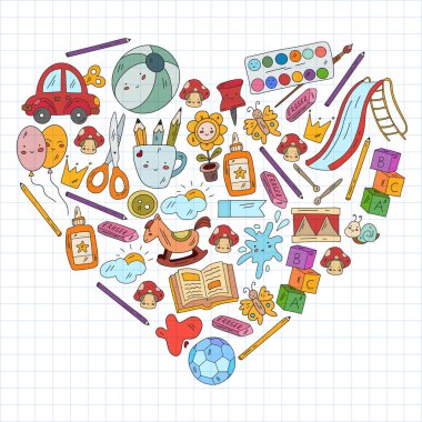 Çocuklar anaokulunda oyuncaklarla oynarlar. Çocuk parkı. Eğitim, yaratıcılık, hayal gücü.