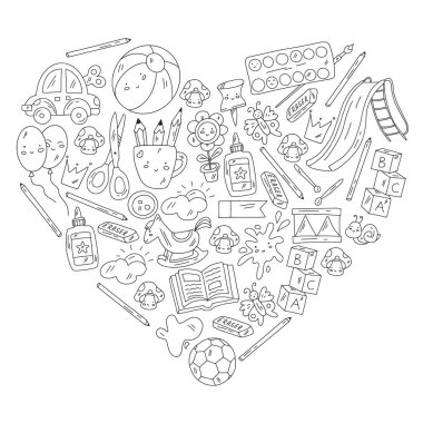 Çocuklar anaokulunda oyuncaklarla oynarlar. Çocuk parkı. Eğitim, yaratıcılık, hayal gücü.