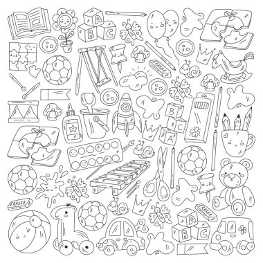 Çocuklar anaokulunda oyuncaklarla oynarlar. Çocuk parkı. Eğitim, yaratıcılık, hayal gücü.