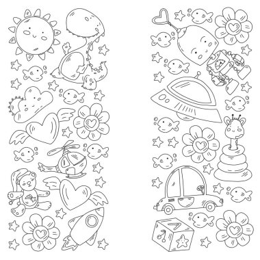 Anaokulu, oyuncak vektör deseni. Küçük çocuklar yaratıcılık ve hayal gücü. Çevrimiçi eğitim, eğitim oyunları.