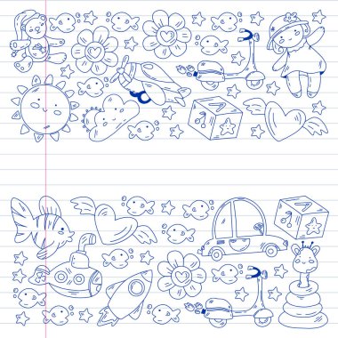 Çocuklar anaokulunda oyuncaklarla oynarlar. Çocuk parkı. Eğitim, yaratıcılık, hayal gücü.