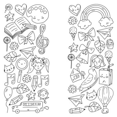 Okul, sevimli vektör çocukların olduğu anaokulu. Yaratıcılık ve hayal gücü. Dans, şarkı, resim, online eğitim.