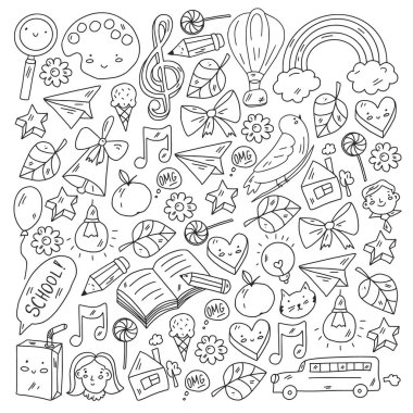 Okul, sevimli vektör çocukların olduğu anaokulu. Yaratıcılık ve hayal gücü. Dans, şarkı, resim, online eğitim.