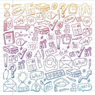 İngilizce öğrenmenin Doodle vektör çizimi. İngilizce kursları. - Okul. Üniversitede. Üniversite.