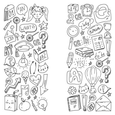 İngilizce öğrenmenin Doodle vektör çizimi. İngilizce kursları. - Okul. Üniversitede. Üniversite.