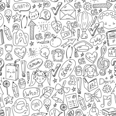 İngilizce öğrenmenin Doodle vektör çizimi. İngilizce kursları. - Okul. Üniversitede. Üniversite.