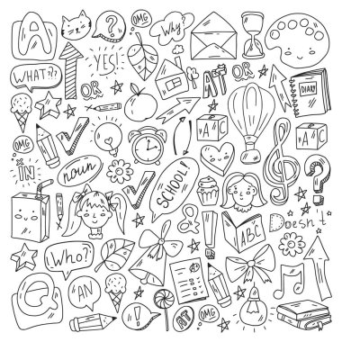 İngilizce öğrenmenin Doodle vektör çizimi. İngilizce kursları. - Okul. Üniversitede. Üniversite.