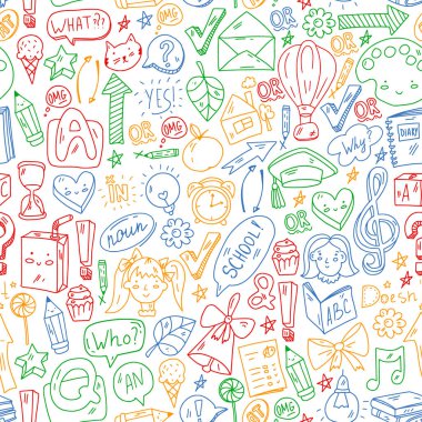 İngilizce öğrenmenin Doodle vektör çizimi. İngilizce kursları. - Okul. Üniversitede. Üniversite.