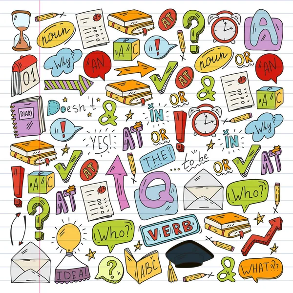 Doodle vector concept illustration of learning English language (em inglês). Cursos de inglês. Na escola. Na faculdade. Universidade. — Vetor de Stock