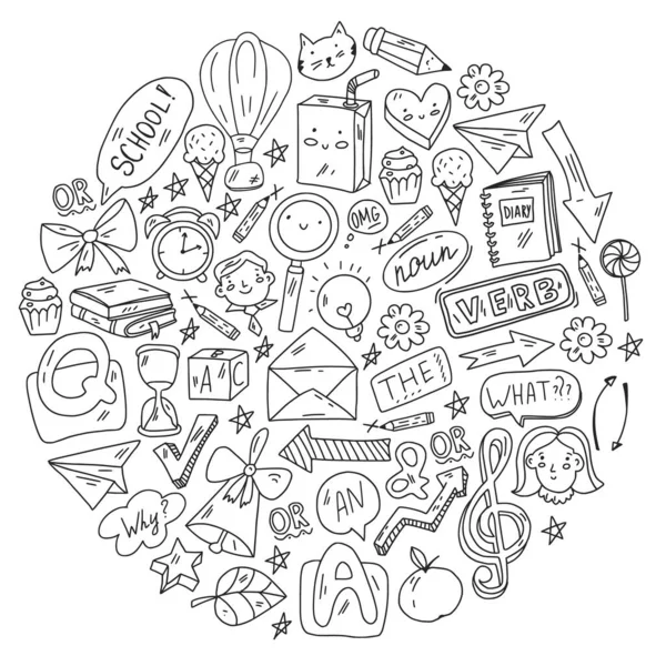 Doodle vector concept illustration of learning English language (em inglês). Cursos de inglês. Na escola. Na faculdade. Universidade. — Vetor de Stock