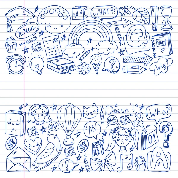 Doodle vecteur concept illustration de l'apprentissage de la langue anglaise. Cours d'anglais. L'école. Au collège. Université. — Image vectorielle