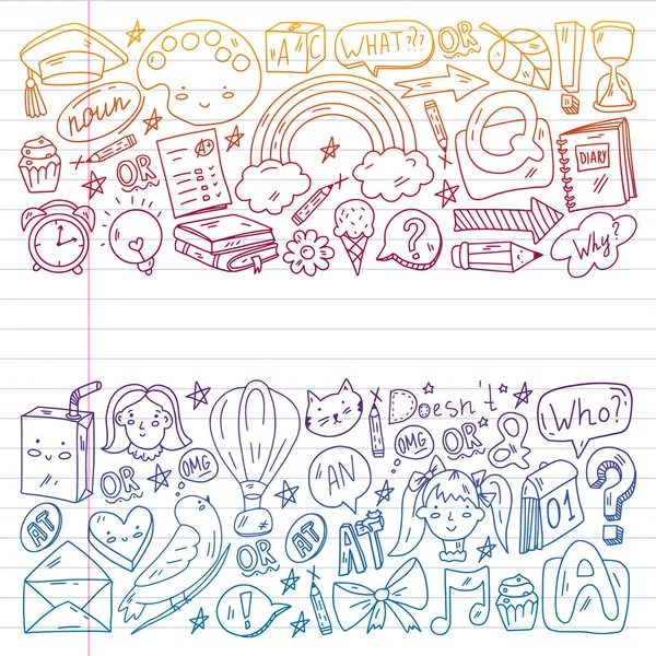 Doodle vector concept illustration of learning English language (em inglês). Cursos de inglês. Na escola. Na faculdade. Universidade. —  Vetores de Stock