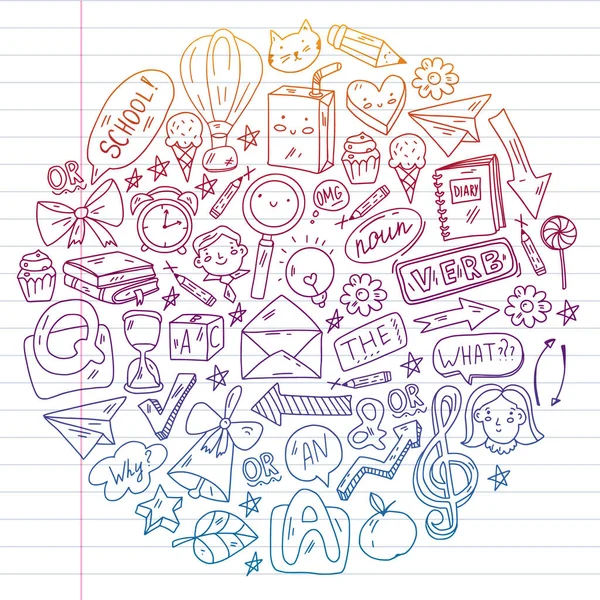 Doodle vector concept illustration of learning English language (em inglês). Cursos de inglês. Na escola. Na faculdade. Universidade. —  Vetores de Stock
