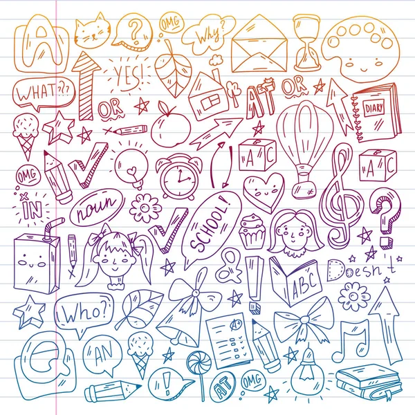 Doodle vector concept illustratie van het leren van Engelse taal. Taalcursussen Engels. School. Universiteit. Universiteit. — Stockvector