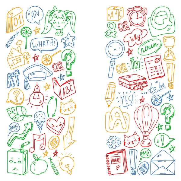 Doodle vector concept illustration of learning English language (em inglês). Cursos de inglês. Na escola. Na faculdade. Universidade. —  Vetores de Stock