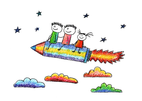 Glückliche Kinder mit bleistiftförmiger Rakete — Stockfoto