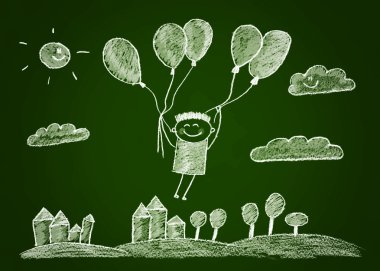 Mutlu çocuk sinek balonlar ile.