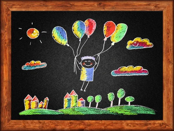 Lycklig pojke flyga med ballonger. — Stockfoto