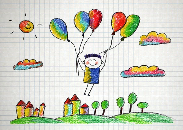 Glücklicher Junge fliegt mit Luftballons. — Stockfoto