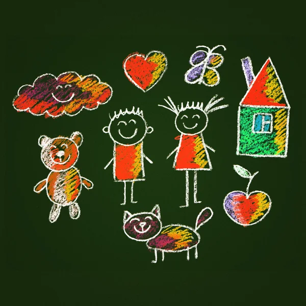 Set of colorful kids drawing style pictures — Stock Photo, Image