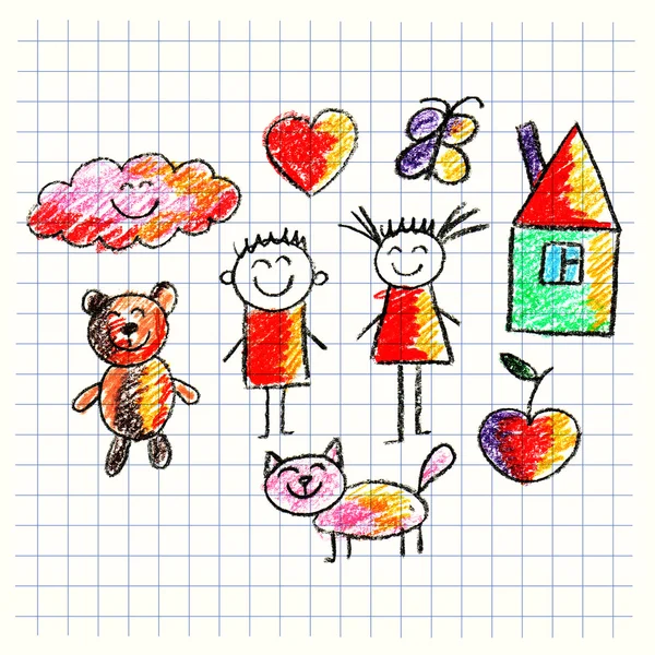 Reeks van kleurrijke kinderen stijl afbeeldingen tekenen — Stockfoto