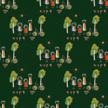 Bisiklet ve mutlu bir aile renkli resmi