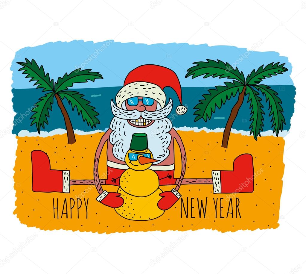 Happy Santa Claus on tropical winter vacantion