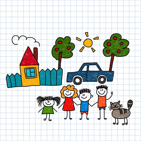 Lycklig familj med hus och bil — Stock vektor