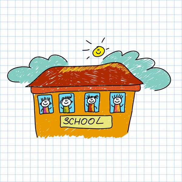 Boldog gyerekek. Iskola épület. A diákok. — Stock Vector